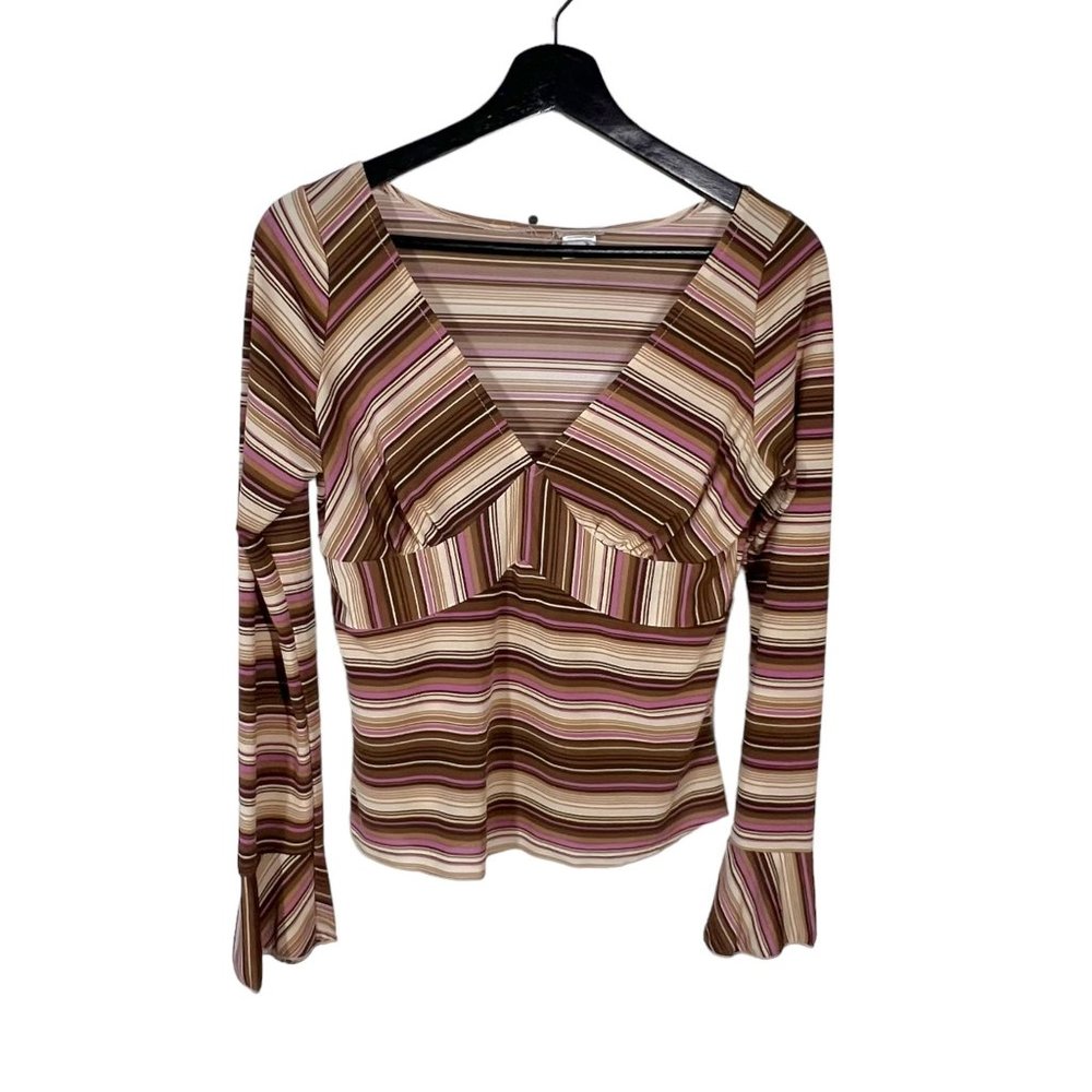 Vintage 90s Brown Purple Stripe Bias But Long Sleeve Short Waist Top Large